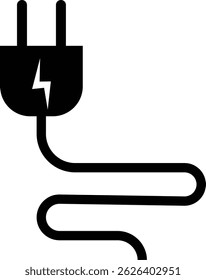 Electrical plug with lighting symbol and cable black vector icon Plug with wire cable ,energy , power, connection simple glyph pictogram symbol isolated on transparent background.
