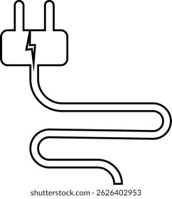 Electrical plug with lighting symbol and cable black vector icon. Plug with wire cable ,energy , power, connection simple glyph pictogram symbol isolated on transparent background.