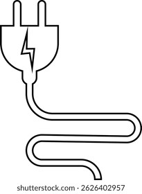 Electrical plug with lighting symbol and cable black vector icon. Plug with wire cable ,energy , power, connection simple glyph pictogram symbol isolated on transparent background.