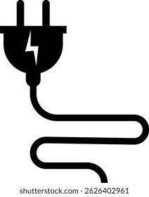 Electrical plug with lighting symbol and cable black vector icon Plug with wire cable ,energy , power, connection simple glyph pictogram symbol isolated on transparent background.