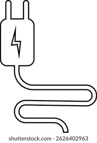 Electrical plug with lighting symbol and cable black vector icon. Plug with wire cable ,energy , power, connection simple glyph pictogram symbol isolated on transparent background.