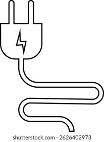 Electrical plug with lighting symbol and cable black vector icon. Plug with wire cable ,energy , power, connection simple glyph pictogram symbol isolated on transparent background.