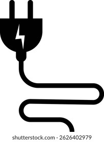 Electrical plug with lighting symbol and cable black vector icon Plug with wire cable ,energy , power, connection simple glyph pictogram symbol isolated on transparent background.