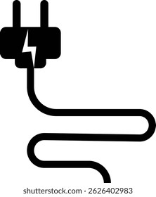 Electrical plug with lighting symbol and cable black vector icon Plug with wire cable ,energy , power, connection simple glyph pictogram symbol isolated on transparent background.