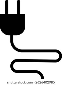 Electrical plug with lighting symbol and cable black vector icon Plug with wire cable ,energy , power, connection simple glyph pictogram symbol isolated on transparent background.