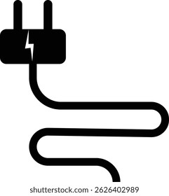 Electrical plug with lighting symbol and cable black vector icon Plug with wire cable ,energy , power, connection simple glyph pictogram symbol isolated on transparent background.