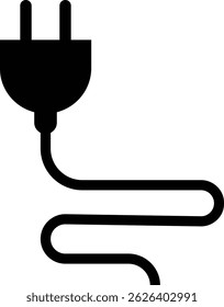 Electrical plug with lighting symbol and cable black vector icon Plug with wire cable ,energy , power, connection simple glyph pictogram symbol isolated on transparent background.