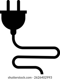 Electrical plug with lighting symbol and cable black vector icon Plug with wire cable ,energy , power, connection simple glyph pictogram symbol isolated on transparent background.