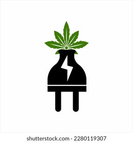 Diseño del logo eléctrico con hoja de cannabis. Energía alternativa.