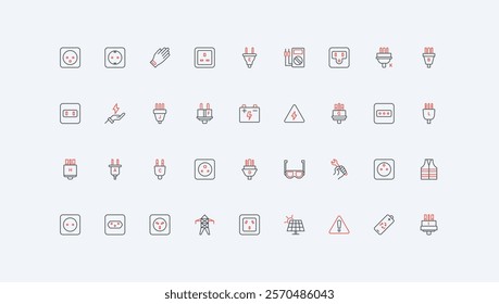 Electrical plug and socket types of different country, electrician tools line icon set. Power line and battery, switch and adapter for appliance thin black and red outline symbols vector illustration