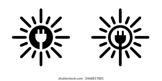 electrical plug and sun logo. Milieu, solar panels, plug and play. Environmentally friendly, sun energy. Solar panel that generate electricity. Solar, battery panel concept. Home or house concept.