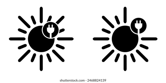 electrical plug and sun logo. Milieu, solar panels, plug and play. Environmentally friendly, sun energy. Solar panel that generate electricity. Solar, battery panel concept. Home or house concept.