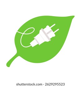 Electrical plug symbol with curved cord in shape of letter E on green leaf background. Vector illustration of icon for print of clean energy, renewable power, and environmental technology concepts.