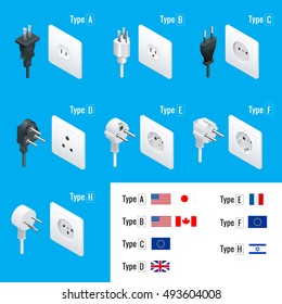 Electrical Plug Types. Type A, B, C, D, E,  F, H. Isometric Switches and AC power sockets set. Vector isometric illustration