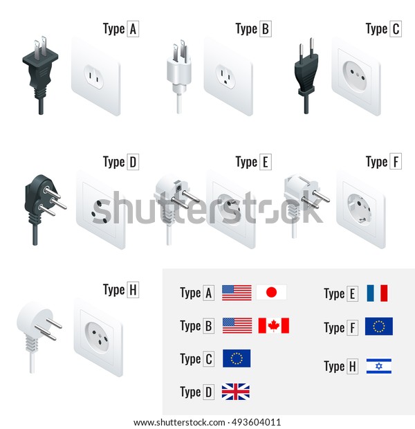 Electrical Plug Types. Type A, B, C, D, E,\
F, H. Isometric Switches and sockets set. \
