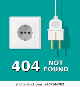 Electrical plug is unplugged into the socket. Error 404. Page not found. Vector illustration in flat style