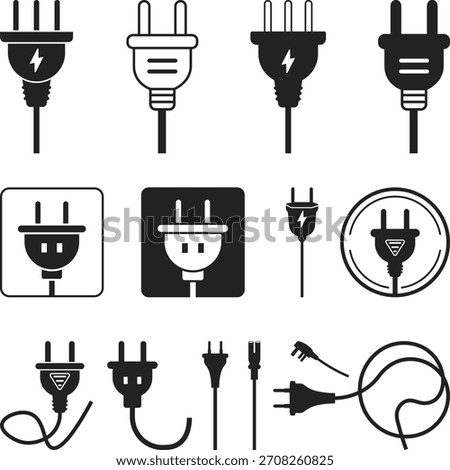 Electrical Plugs Icon Set Silhouette, UK and USA electrical plugs with cables in silhouette, Electric plugs icon symbol set collection Vector Illustration
