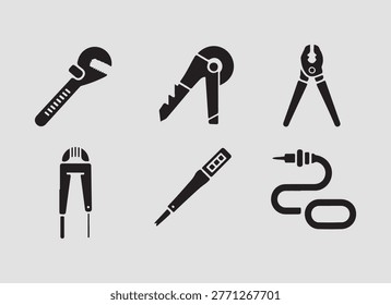 Electrical and plumbing construction tools solid icons set for installation systems repair maintenance and infrastructure development work