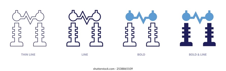 Icono de postes eléctricos en 4 estilos diferentes. Línea delgada, línea, negrita y línea negrita. Estilo duotono. Trazo editable.