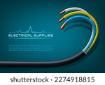 Electrical power cable. Power supply and communication equipment, electricity generation, engineering and telecommunication industry 3d realistic vector background with electrical braided copper cable