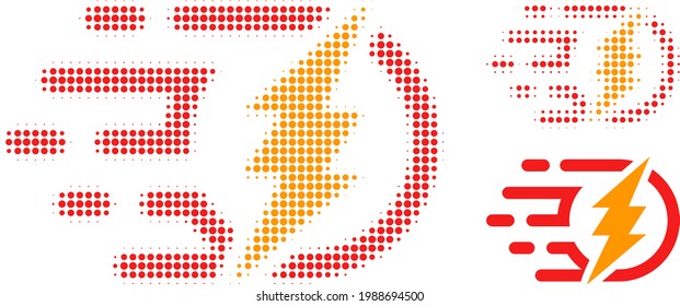 Icono de medio tono de alimentación eléctrica. La matriz de semitono contiene elementos redondos. Ilustración vectorial del icono de energía eléctrica en un fondo blanco.