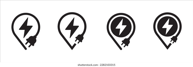 Electrical power icon. Electric power source sign. Lightning bolt inside pin map with electric plug image combination. Vector stock illustration.