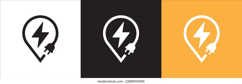 Icono de alimentación eléctrica. Signo de fuente de energía eléctrica. Relámpago del perno interior en el mapa del pasador con la combinación de imágenes de enchufe eléctrico. Ilustración de material vectorial. En color blanco negro y amarillo fondo.