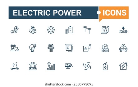 Coleções de ícones da linha de Energia Elétrica. Contém relacionados a vento, lâmpada, automóvel, carro, veículo, ecologia, relâmpagos e muito mais. Pacote fino de ícones de estrutura de tópicos. Contorno de vetor e coleção de ícones sólidos.