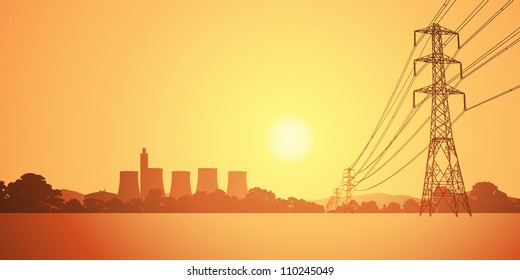 Electrical Power Lines and Electricity Plant with Cooling Towers