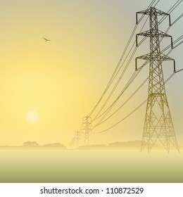 Electrical Power Lines and Pylons with Misty Sunrise, Sunset