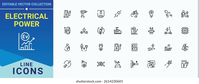 Electrical Power modern icon set. Contain linear sign electrical, energy, solar, solar power, eco and more. Electricity vector icon set. Minimalist icons collection. Editable vector.