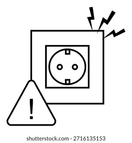 Ícone de aviso da tomada elétrica Ilustração com símbolos de raios e um sinal de aviso, representando o perigo da eletricidade, problemas de energia, alertas de segurança e conceitos de risco de energia.