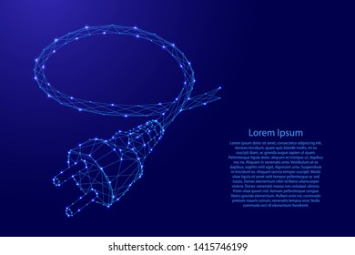 Electrical power plug with wire from futuristic polygonal blue lines and glowing stars for banner, poster, greeting card. Vector illustration.