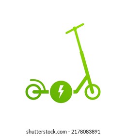 Electrical Power Push Wheel Bike Glyph Pictogram. Eco Handle E Transport. Electricity Battery Kick Scooter Flat Symbol. Electronic Kick Scooter Green Silhouette Icon. Isolated Vector Illustration.