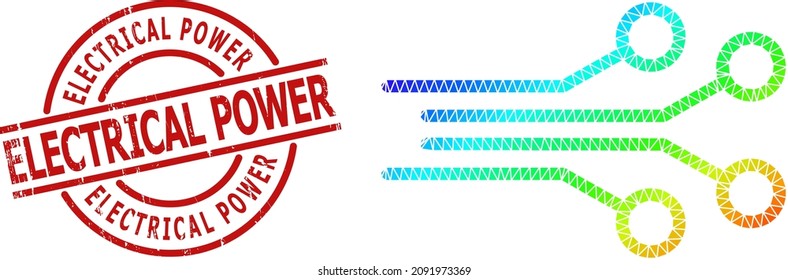 Sello de caucho de alimentación eléctrica y icono de conectores eléctricos de color bajo con gradiente. El sello rojo contiene la leyenda de energía eléctrica dentro de la plantilla de redondeo y líneas.