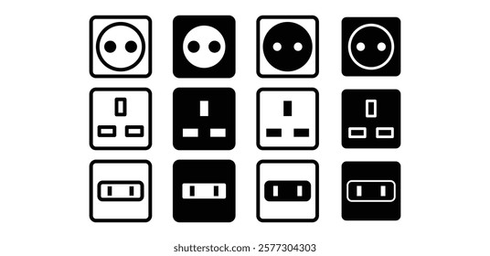 electrical power socket type icon vector design black white color simple flat illustration sets isolated