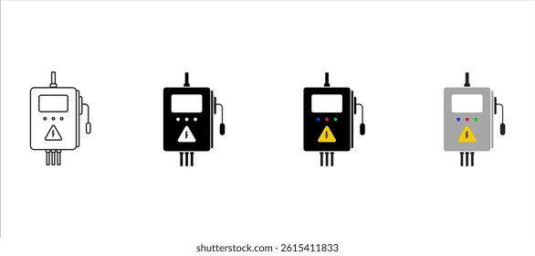 Electrical power switch panel with cover door icon set. Fuse box. Isolated vector illustration in flat style on white background