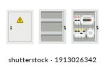 Electrical power switch panel with open and close door. Fuse box. Isolated vector illustration in flat style on white background