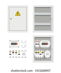 Electrical power switch panel with open and close door. Fuse box. Isolated vector illustration in flat style on white background svg