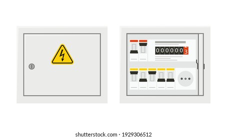 Panel de interruptor eléctrico con puerta abierta y puerta cerrada. Caja de fusibles. Ilustración vectorial aislada en estilo plano sobre fondo blanco