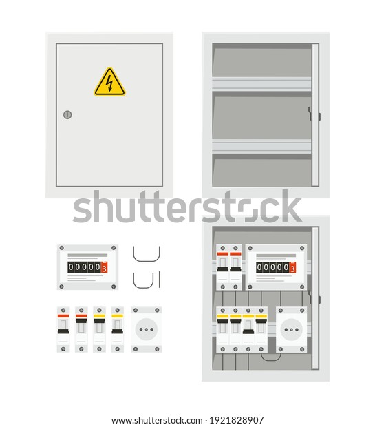 Electrical power switch panel with open and\
close door. Fuse box. Isolated vector illustration in flat style on\
white background
