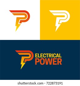 Energía eléctrica - Ilustración vectorial - Un icono y logotipo que incluye un símbolo P y una letra que también forman un rayo. 