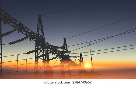 Electrical pylons over sunset background. Silhouette of electric towers at sunset. Vector illustration. 