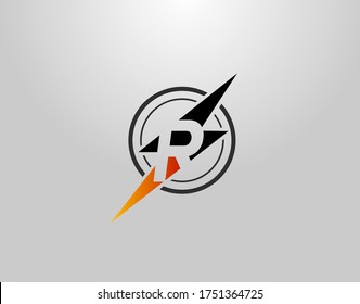 Logotipo de la carta electrónica R. Icono creativo creado a partir del espacio negativo de la R inicial combinado con el diseño de forma trueno.