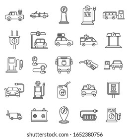 Electrical refueling car icons set. Outline set of electrical refueling car vector icons for web design isolated on white background