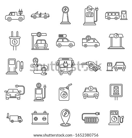 Electrical refueling car icons set. Outline set of electrical refueling car vector icons for web design isolated on white background