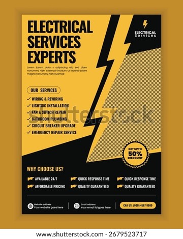 Electrical Repair and Electrician Services Flyer Poster Template for Power Supply Maintenance Circuit Fixing, Lighting Installation, and House Renovation Design