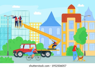 Electrical repair service, electrician people work at street, vector illustration. Electric maintenance for city, professional technician worker