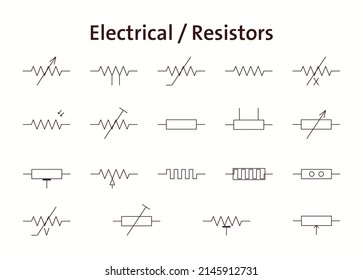 Electrical - Resistors. Vector Electronic Circuit Symbols, Line Icons.