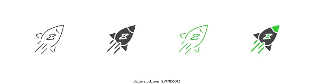 Electrical Rocket Flying Icon. Fast Charge Symbol Set. Rocket with Lightning Bolt Launching Icons